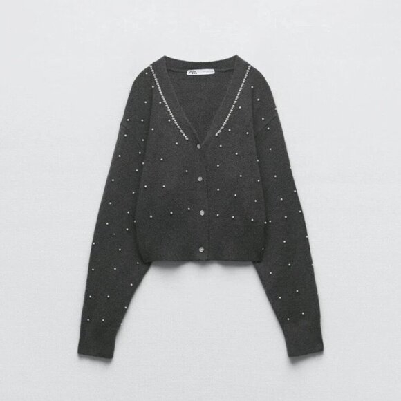 Zara Pearl Embellished Wool Blend Cropped Cardigan S - Picture 12 of 12